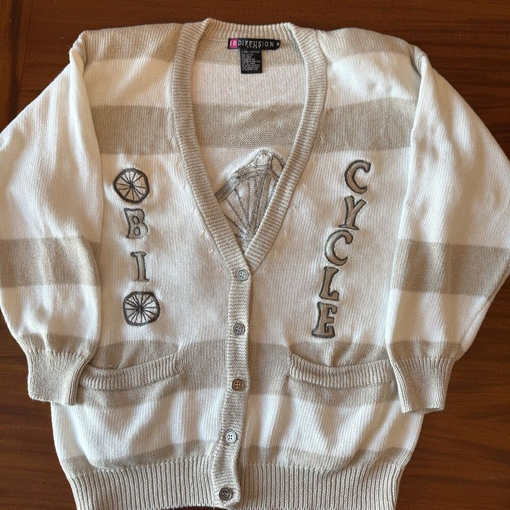 I.B. Diffusion Cardigan Small Bicycle Stripe‎ Cotton Linen 90s